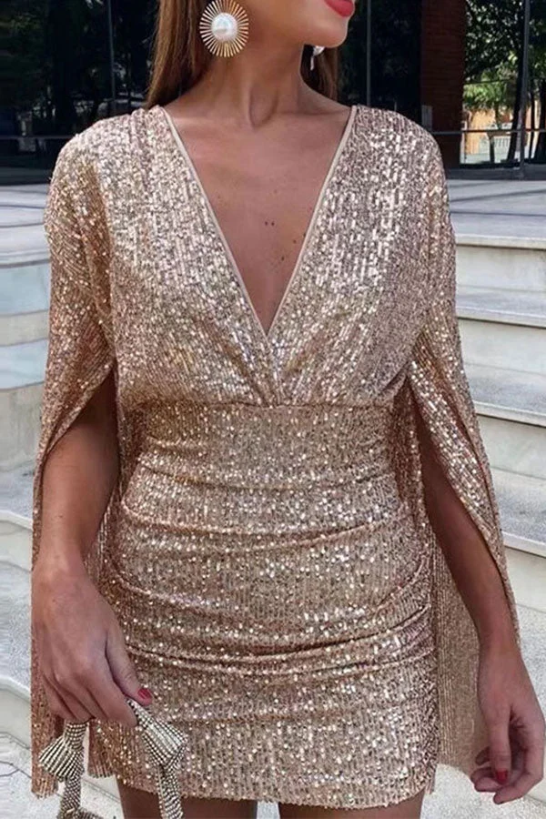 Sequined Glittery Cape Sleeve Mini Dress