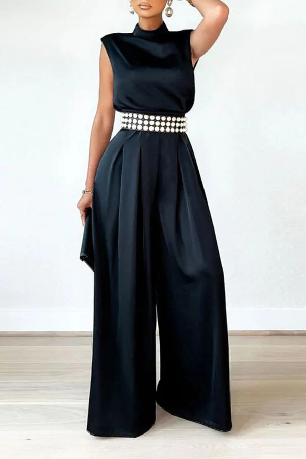 Turtleneck Sleeveless Waist Wide Leg Jumpsuit