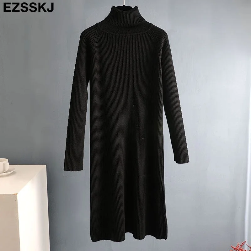 2021 Autumn Winter long thick Sweater Dress Women turtleneck long Sleeve straight maix Dress female girl warm long dress