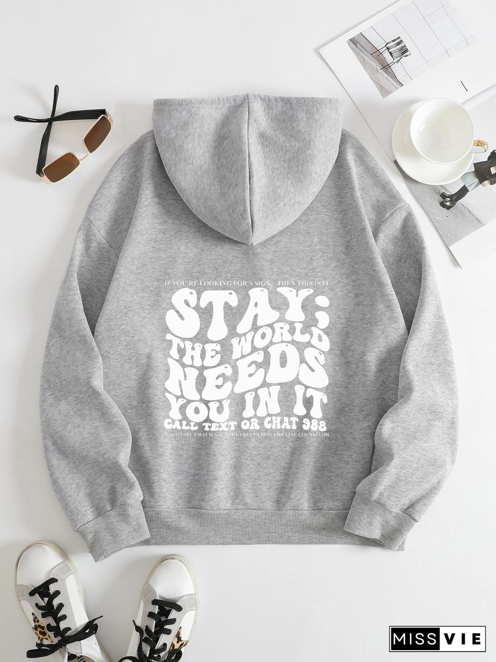 Printed Back Kangaroo Pocket Hoodie Long Sleeve for Women-Pattern Stay The World Needs