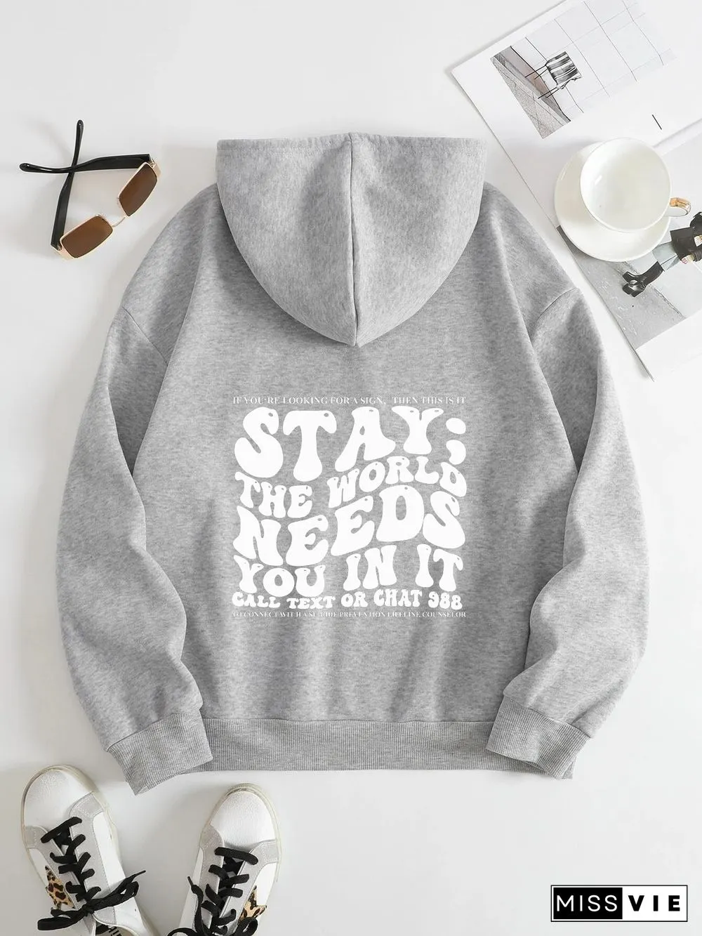 Printed Back Kangaroo Pocket Hoodie Long Sleeve for Women-Pattern Stay The World Needs