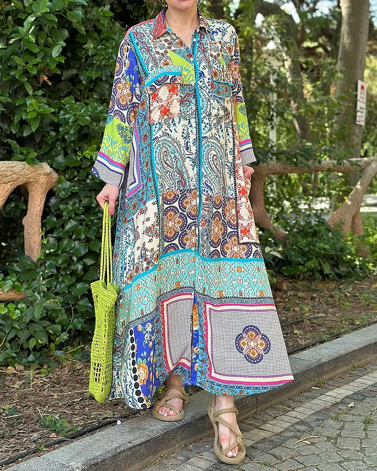 Lapel Vintage Print Long Sleeve Dress
