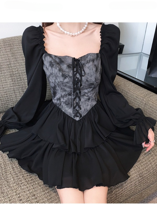 Paneled Geometric Balloon Sleeve Dress