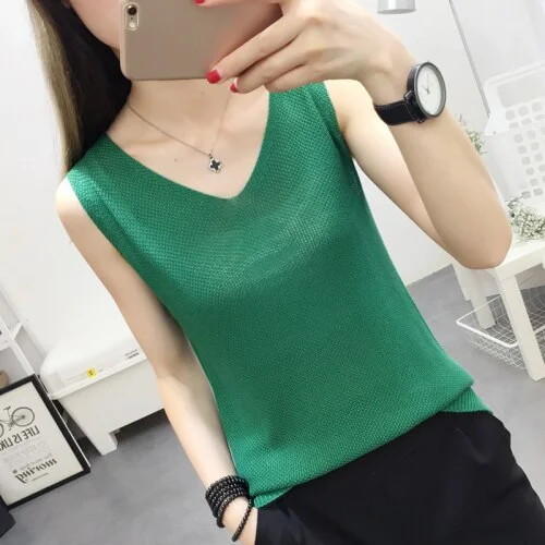 Blusas Mujer De Moda 2023 Summer Sleeveless Blouse Women V-neck Knitted Blouse Shirt Women Clothes Womens Tops And Blouses C860