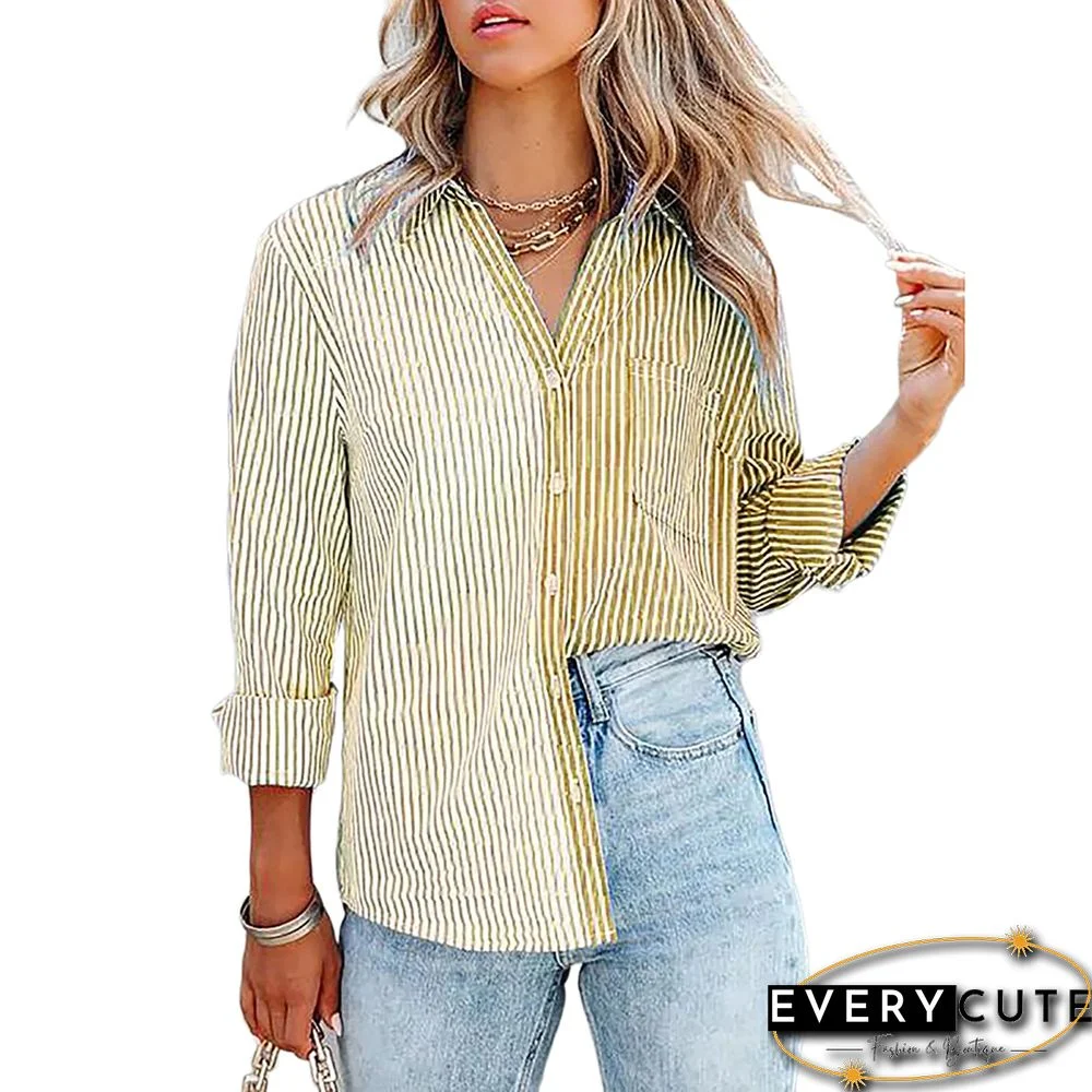 Khaki Stripe Contrast Button Long Sleeve Shirt