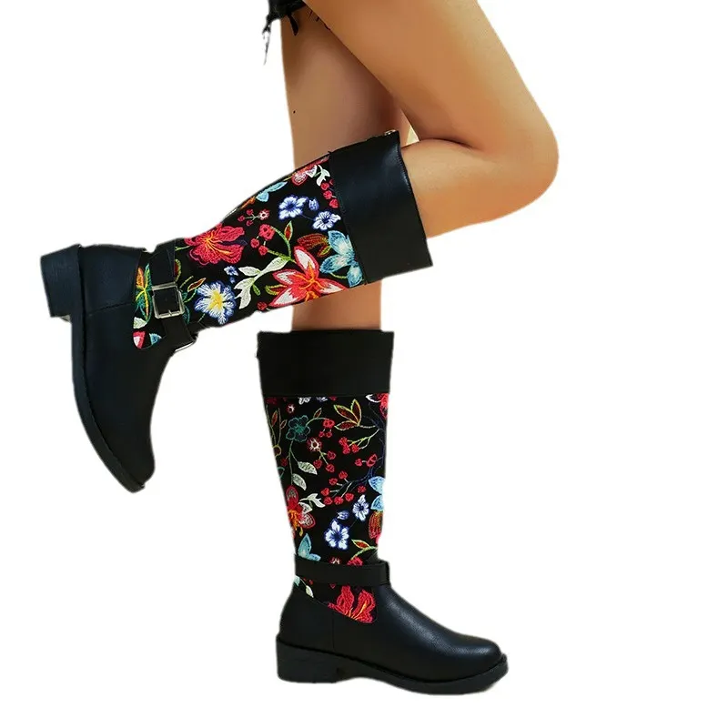 Churchf Churchf Size High Boots Female 2023 New Thick Heel Embroidery Round Head Retro Belt Buckle Autumn And Winter