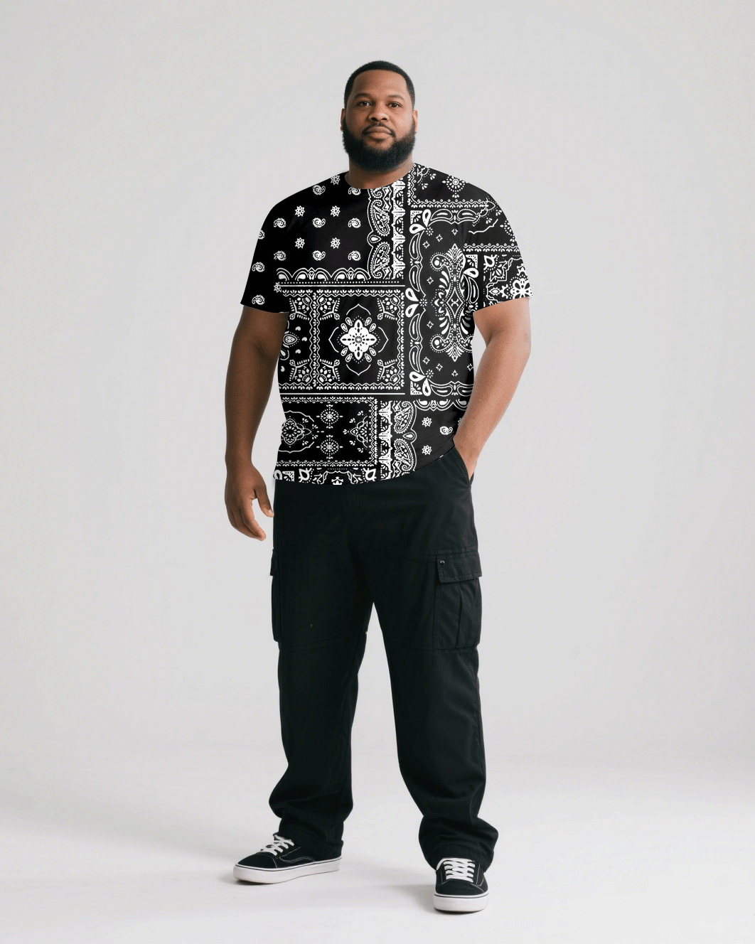Big & Tall Men's Street Fashion Black Paisley Full Print Men's And Women's Crewneck Short Sleeve T-Shirt & Covers Pants Pants Couple's Suit