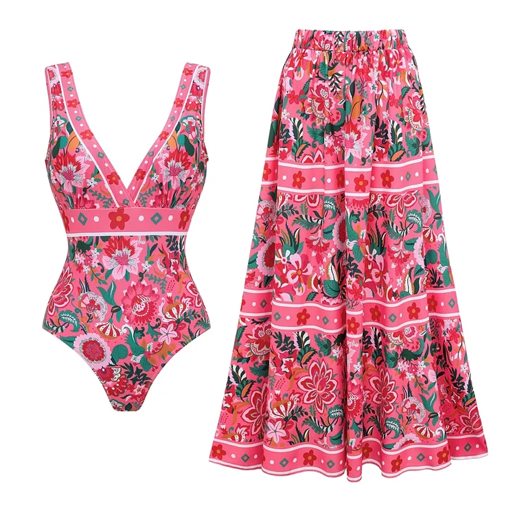 Pink Floral Paradise Print V-neck One Piece Swimsuit and Skirt