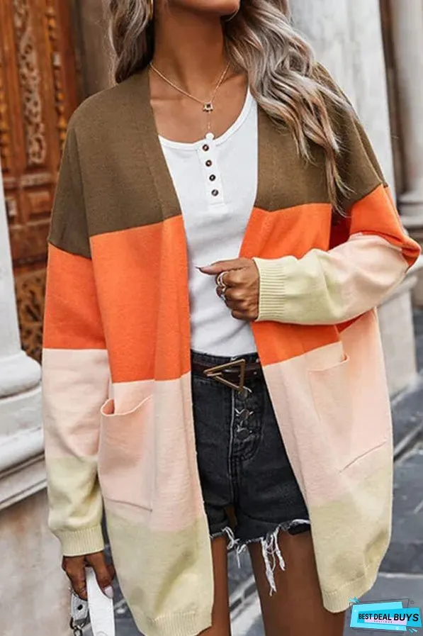 Contrasting rainbow paneled striped long cardigan sweater with pockets