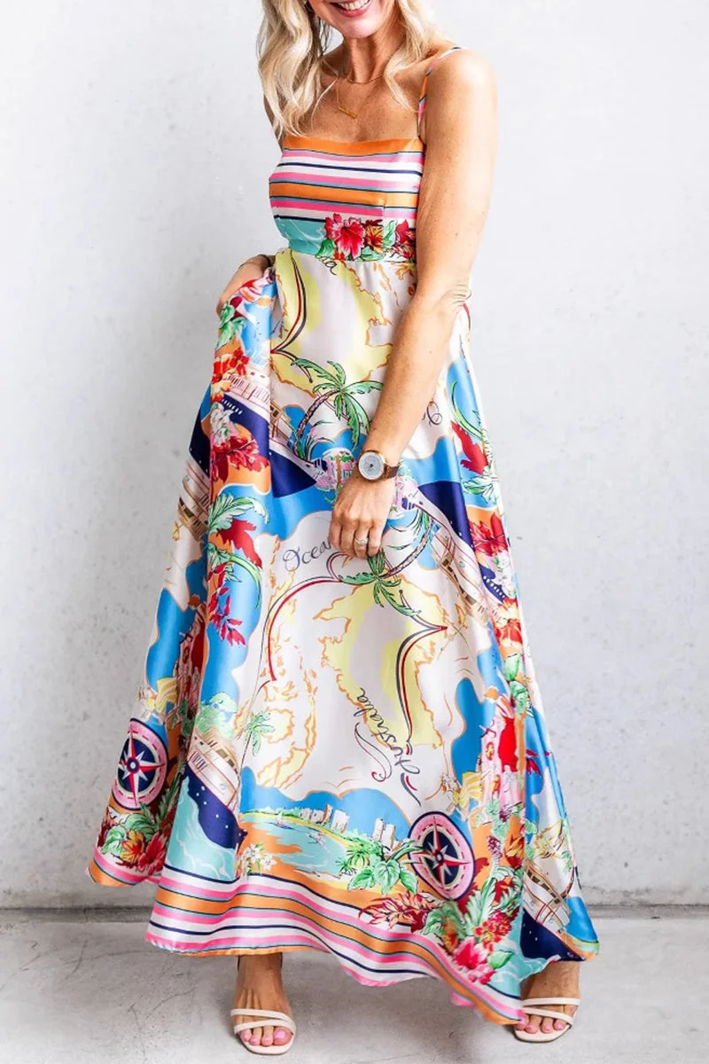 Print Pocket Square Neck Sling Dresses