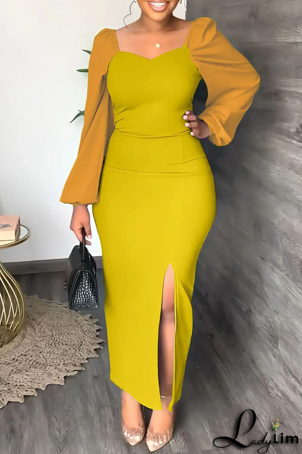 Yellow Fashion Casual Solid Slit Square Collar Long Sleeve Dresses