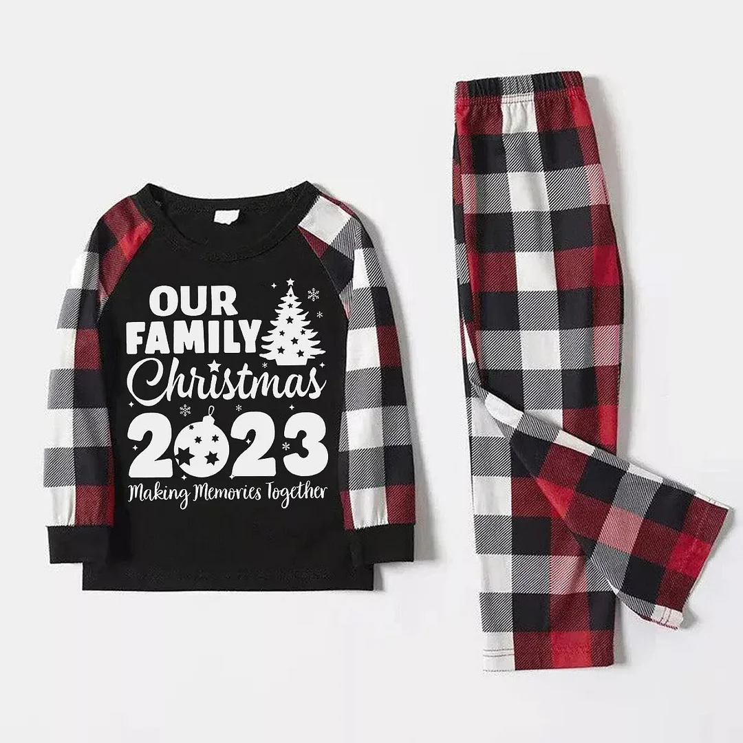 Christmas Tree & "Making Memories Together" Patterned Plaid Sleeve Contrast Tops and Red & Black & White Plaid Pants Family Matching Pajamas Set With Dog Bandana