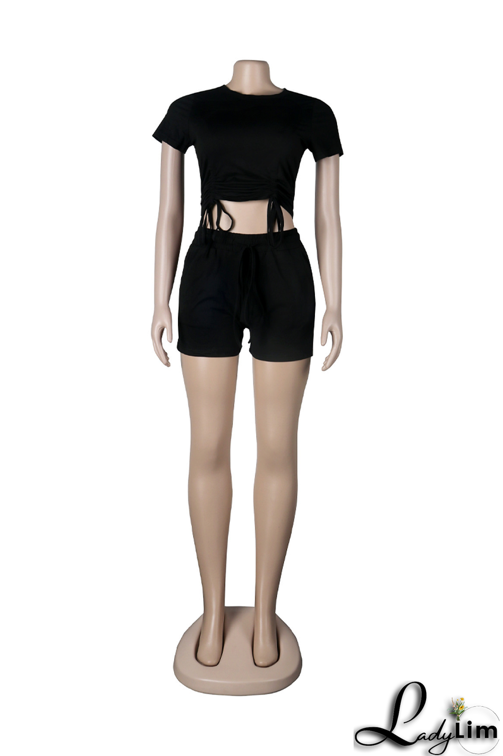 Rose Red Fashion Solid Draw String O Neck Short Sleeve Two Pieces