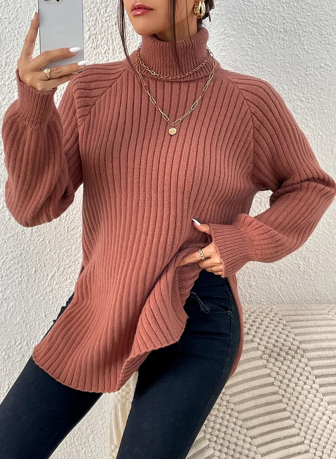 Women's Turtleneck Raglan Sleeve Split Hem Jumper