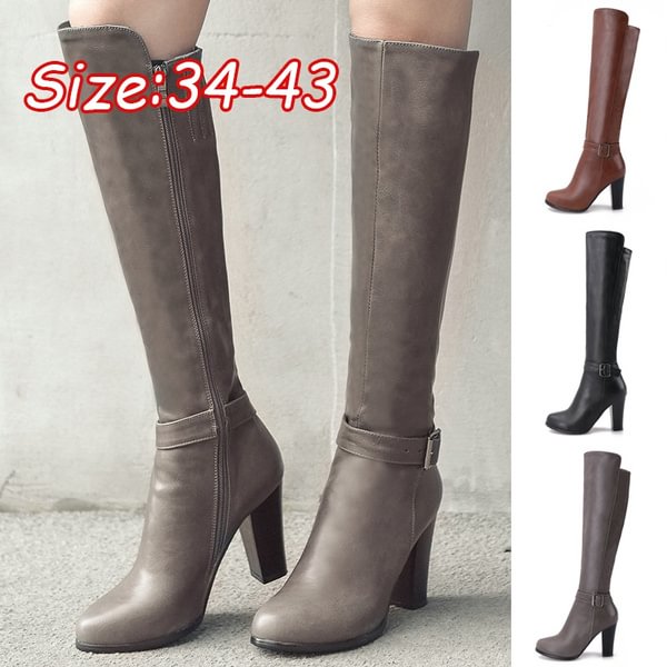 2022 Women Fashion High Heel Shoes Knee High Boots Pu Leather Tall Boots Square Heel Shoes - Shop Trendy Women's Clothing | LoverChic