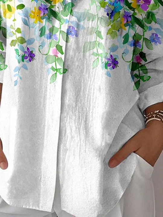 Women 3/4 Sleeve Shirt Collar Floral Printed Graphic Button Tops