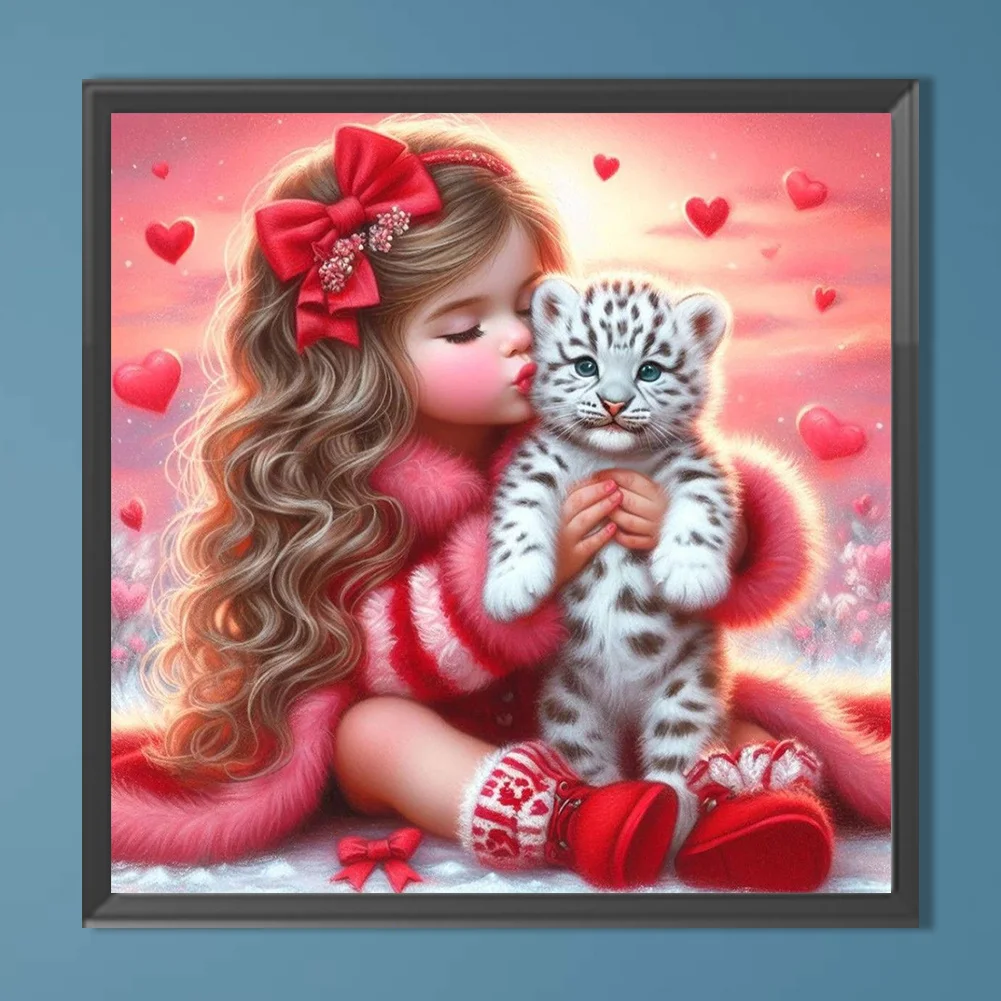 Diamond Painting - Full Round Drill - Loving Girl White Tiger(Canvas|40*40cm)