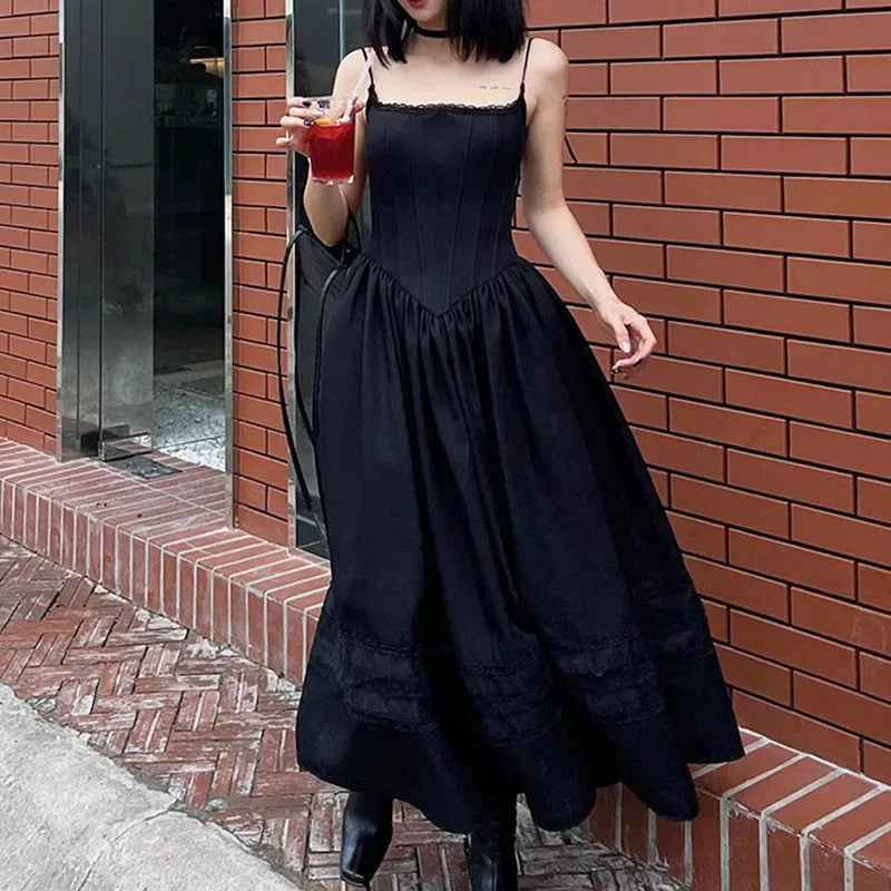 Huibahe Lace Pleated Dress Trim A-Line Spaghetti Strap Backless Vintage Punk Long Dress Women Night Prom Korean Gothic Sundress