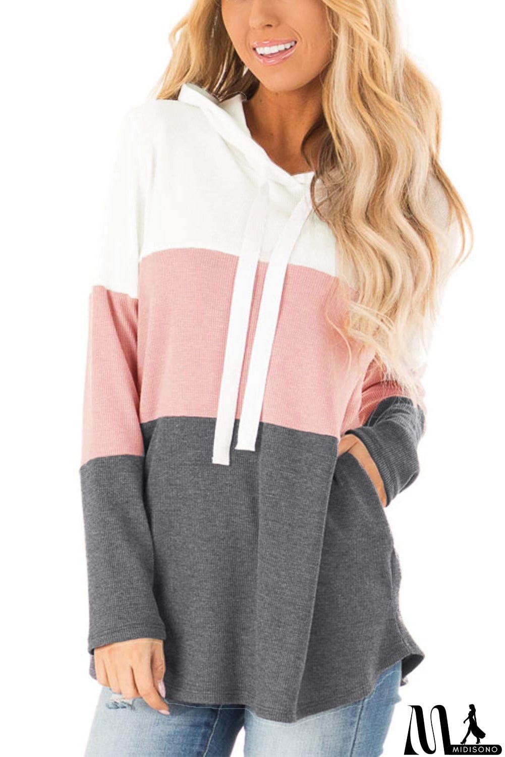 MidiSono - Color Block Long Sleeve Drawstring Hoodie