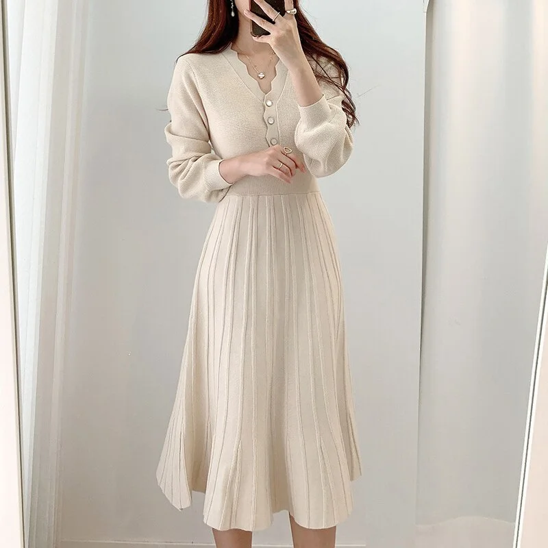 Jangj Alien Kitty 2021 Women Knitted Dresses V-Neck French Loose Solid Elegant Slim Gentle Long Retro Female Office Lady Vestidos