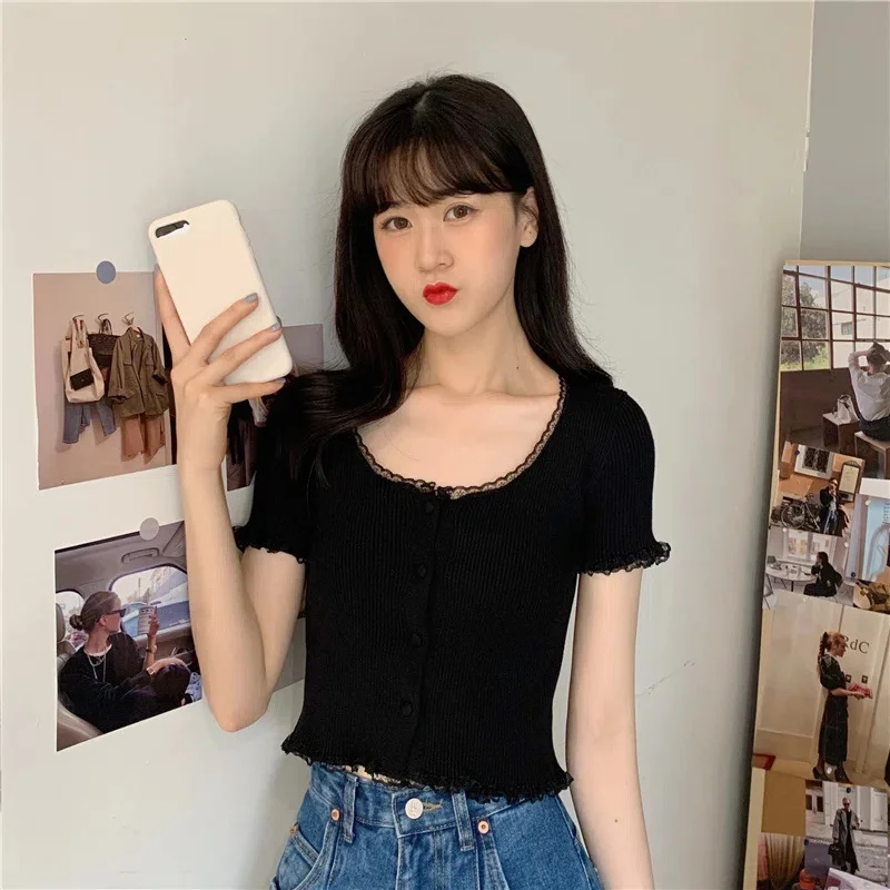 Uveng Uveng Retro Girl Soft Lace Collar Knitted Jersey High-Waisted Short-Sleeved T-Shirt Top