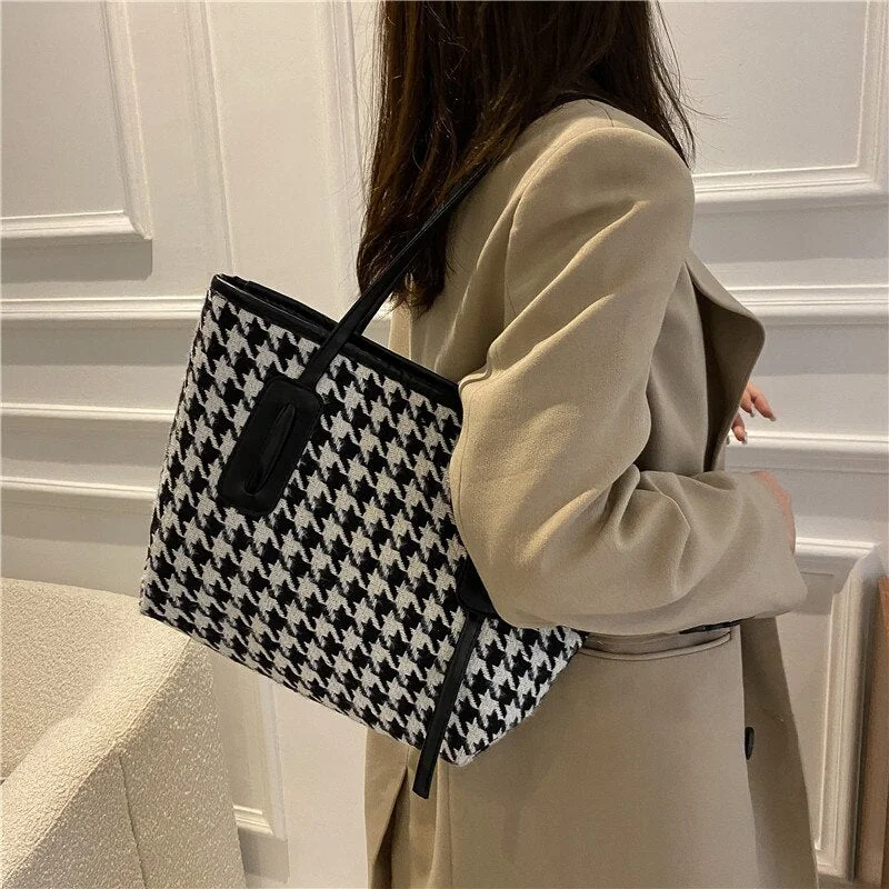 Ladies Fashion Plaid Canvas Small Fresh and Comfortable Portable Shoulder Handbag Large Capacity Travel Shopping Beach Tote Bag