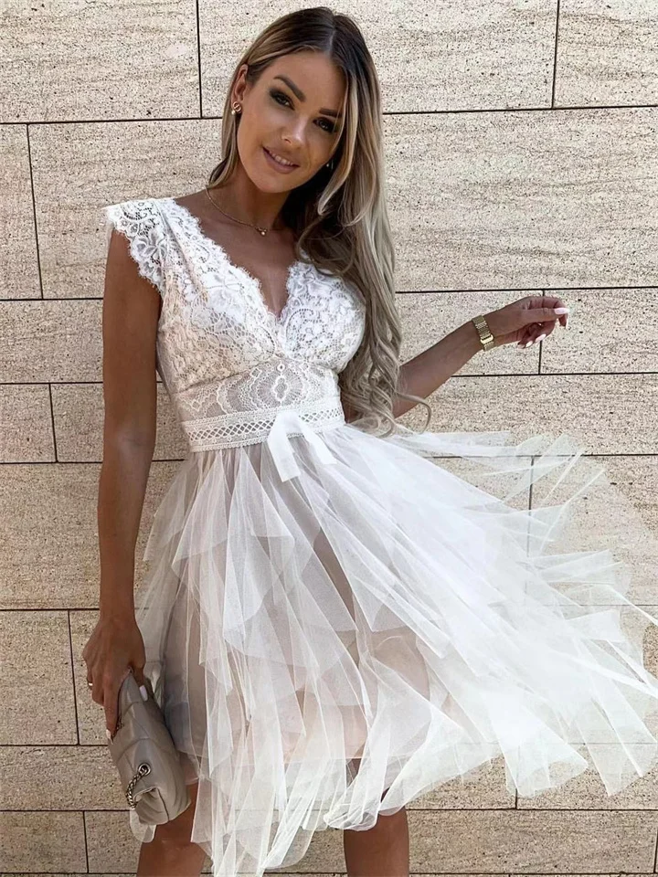 New Sexy V-neck Lace Stitching Dress Short Sleeve Fashion White Dresses