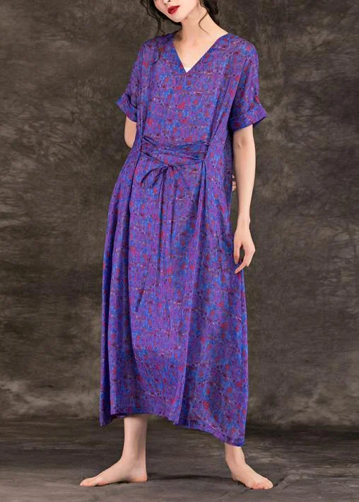 Handmade purple print linen clothes For Women v neck tie waist Maxi summer Dresses