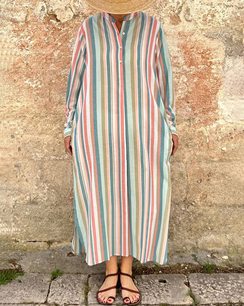 Vertical Stripe Single Breasted Long Sleeve Loose Maxi Dress