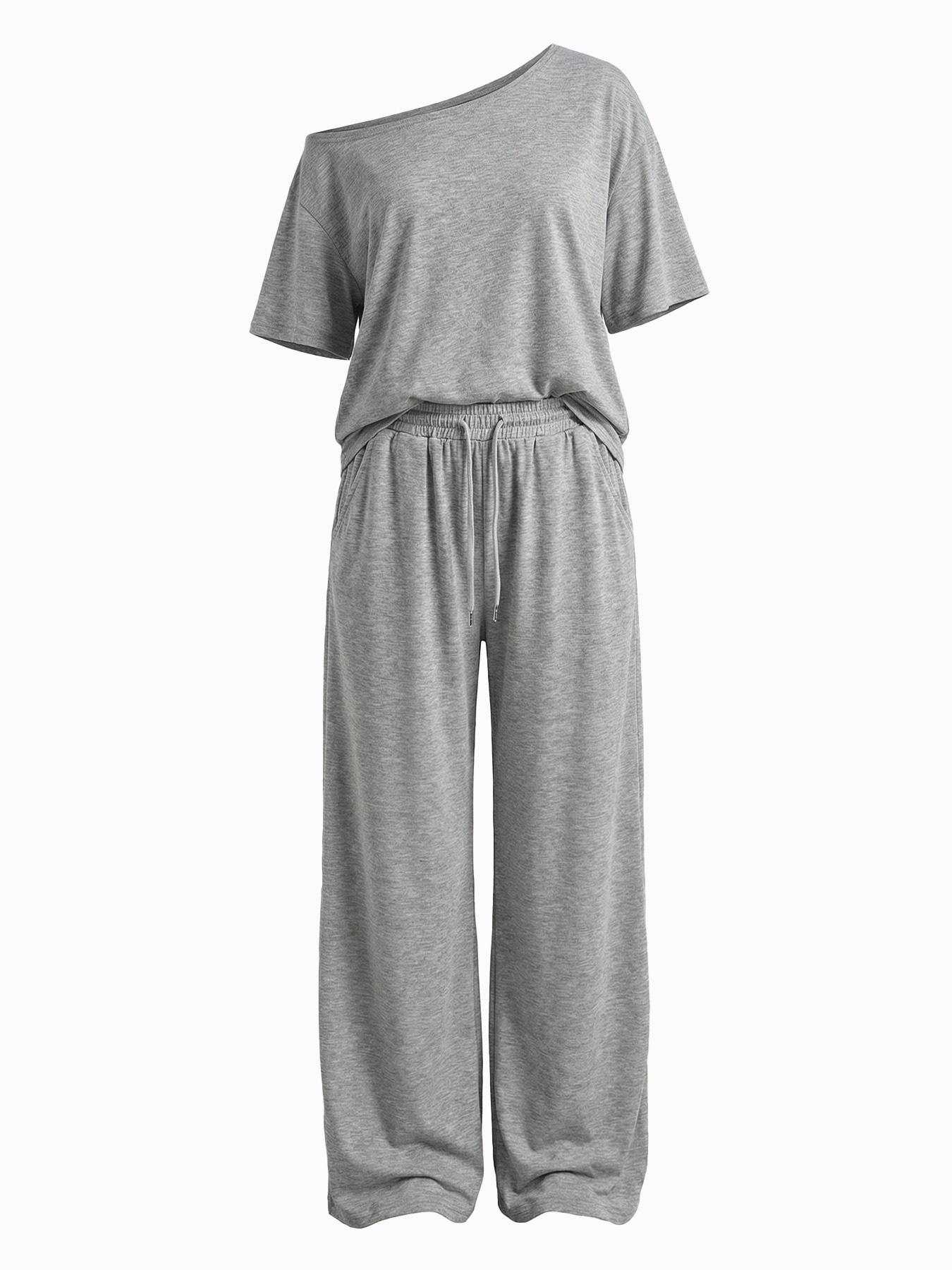 2pcs/Set Women's Minimalist Basic Casual Daily Wear Everyday Going Out Sport Comfortable Baggy Off Shoulder T-Shirt And Wide Leg Pants Two Pieces Outfits