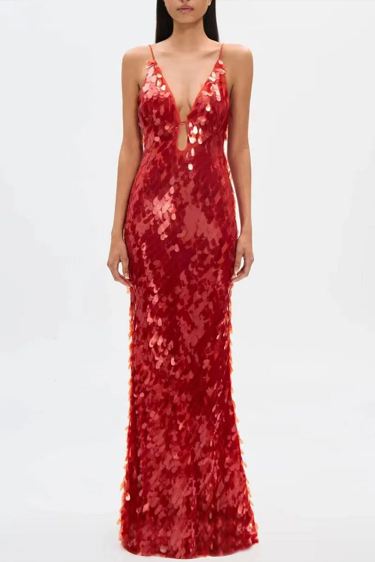Sequin Deep V Neck Cami Maxi Dress-Red