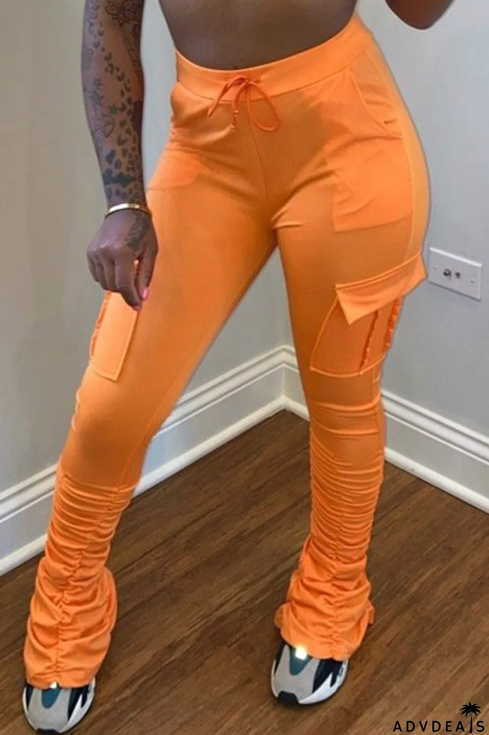 Orange Drawstring High Solid Pocket Draped Boot Cut Pants Bottoms