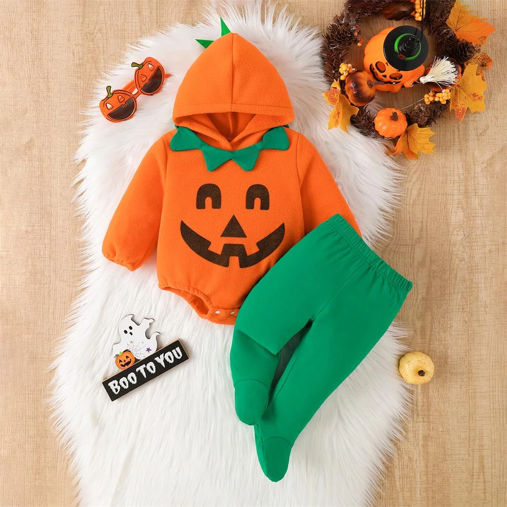 2PCS Pumpkin Printed Long Sleeve Hooded Baby Set