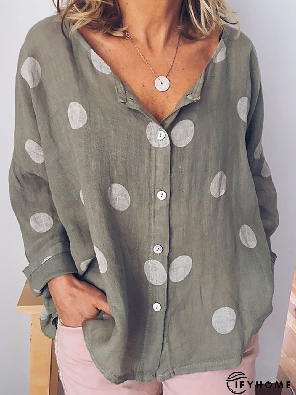 Women Polka Dots Buttoned Long Sleeve Casual Top | IFYHOME