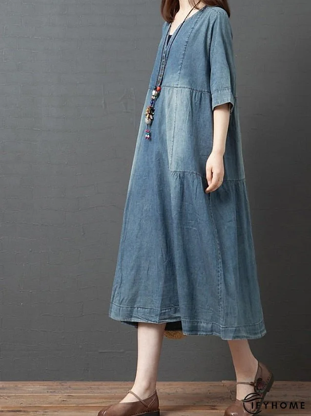 Denim Dress Casual Dress Midi Dress Denim Fashion Casual Daily Vacation V Neck Button Pocket Half Sleeve Summer Spring Fall Loose Fit Blue Dark Gray Plain M L XL 2XL for Women | IFYHOME