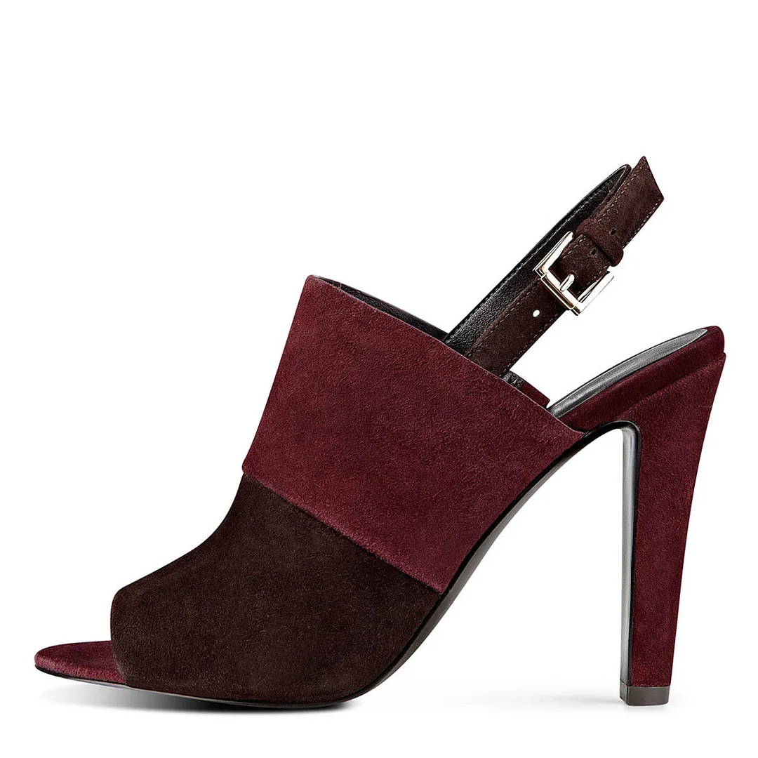 Claret Vegan Suede Peep Toe Chunky Heel Buckle Strap Slingback Heels