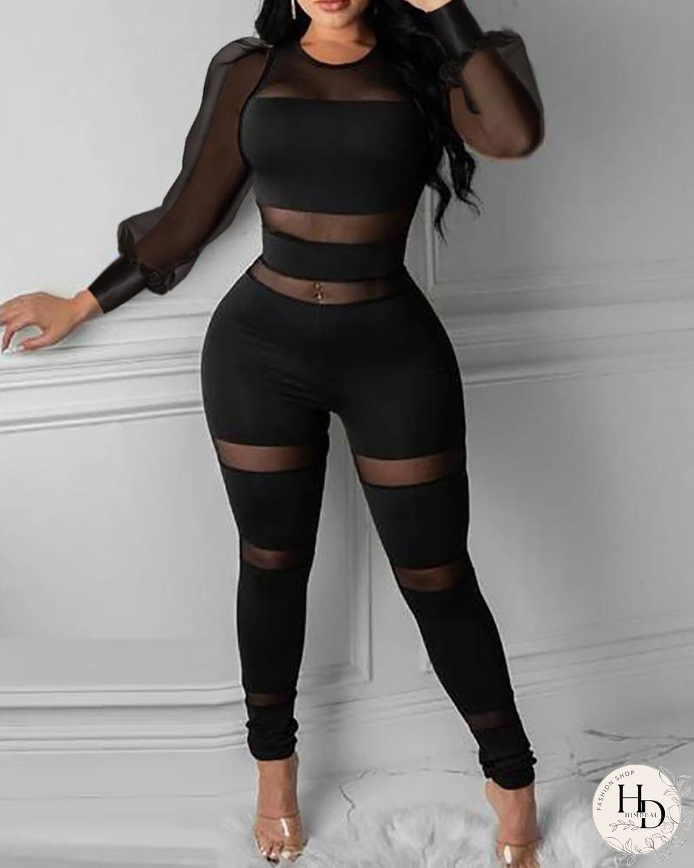 Sheer Mesh Long Sleeve Skinny Jumpsuit P14721