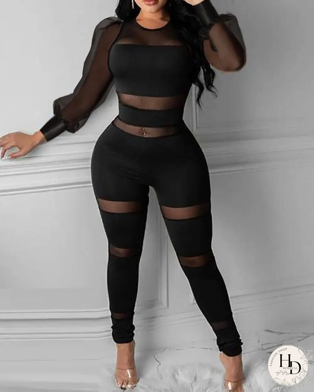 Sheer Mesh Long Sleeve Skinny Jumpsuit P14721