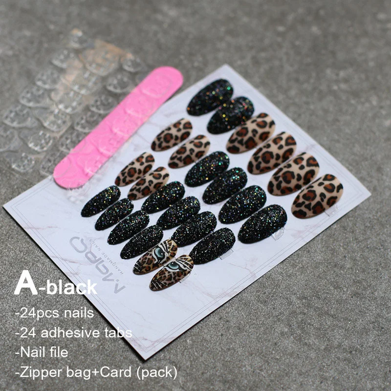 Matte tiger Nail Acrylic Fake nail black box Leopard Accent Press on Nails coffee flash stiletto false nails brown glitter Gold-Nail Inspo