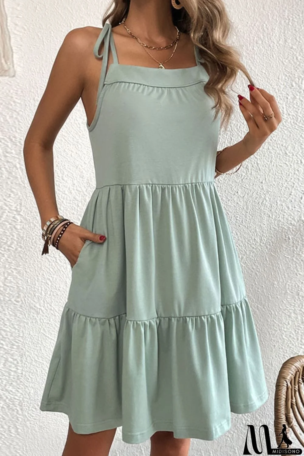 MidiSono - Tie-Shoulder Tiered Dress with Pockets