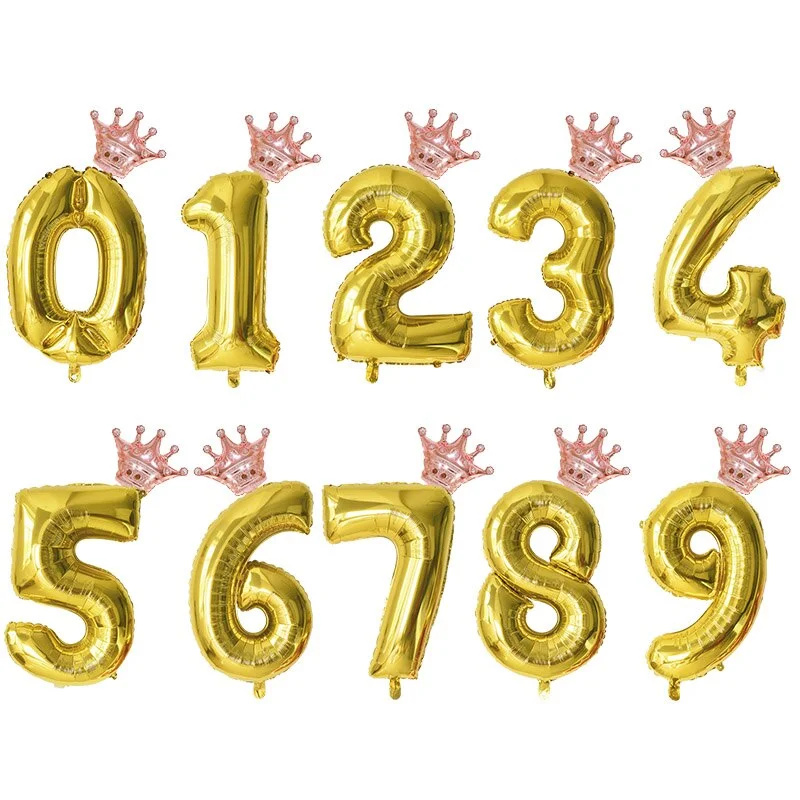 2pcs 32inch Rainbow Number Foil Balloons with Crown for Kids Boy Girl 1st Birthday Party Decorations Rose Gold Figures Globos
