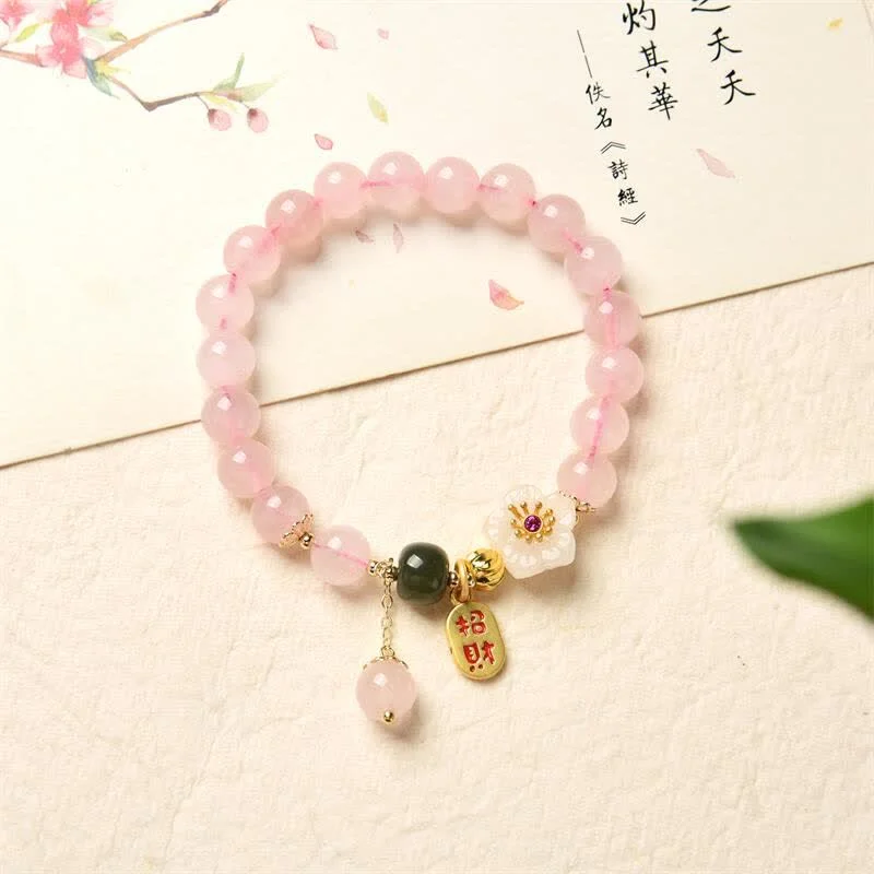 Natural Pink Crystal Jade Flower Charm Bracelet