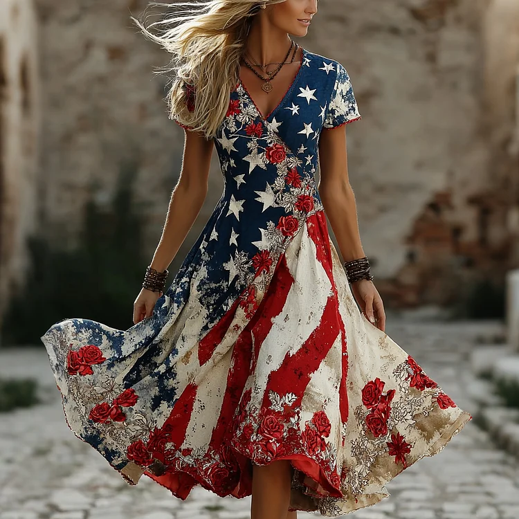 Women's Floral Contrast Embroidered Print Linen Dress