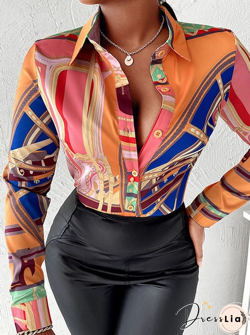 Fashion Retro Printed Pattern Button Blouses Tops Women Spring Commute Blusas Mujer New