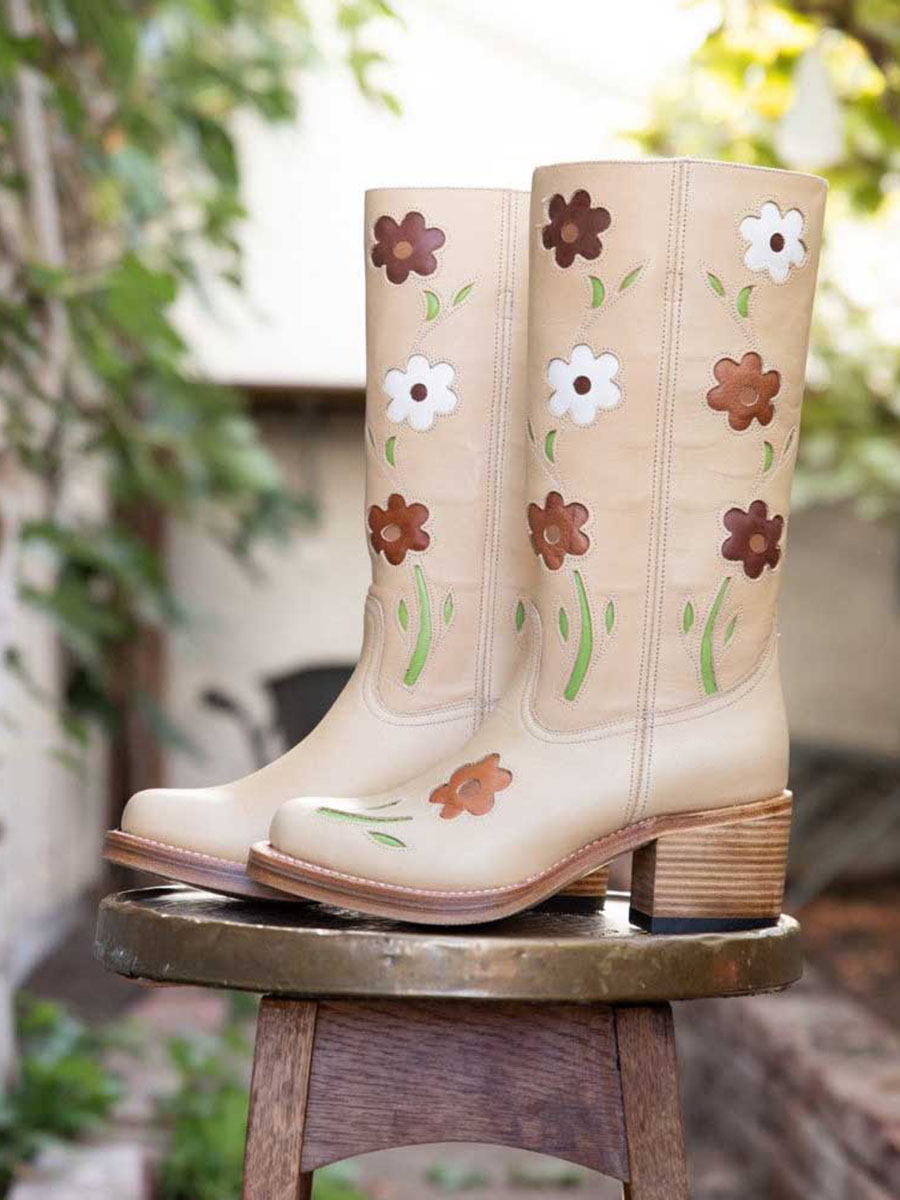 Beige Vintage Floral Patchwork Mid-Calf Chunky Heel Boots for Women