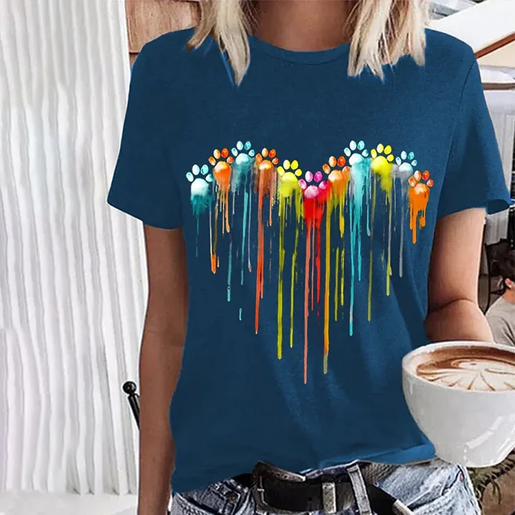 VChics Colorful Dog Paw Heart Print Crew Neck T-Shirt