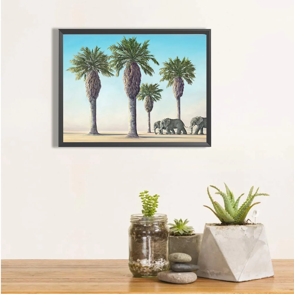 Full Round Diamond Painting 35*30cm - Palm Trees And Elephants