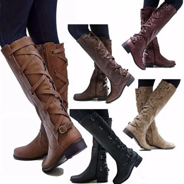Women Fashion Winter Low Heel Belt Buckle Riding Leather Boots Knee High Cowboy Boots