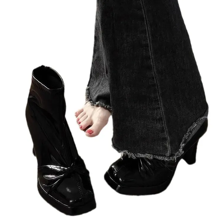 Breakj Breakj With Thick Bottom Height Small Ankle Boots Women 2025 Autumn New Square Bows Short Boots French Elegant Thin Skin Boots