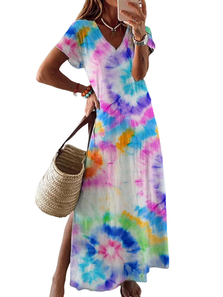 Casual Tie-Dye Printed Short-Sleeved Dress